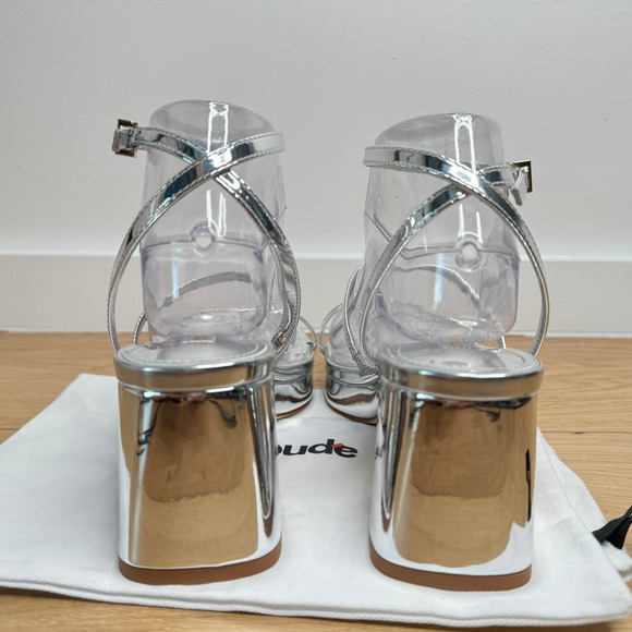 BRAND NEW Larroudé Gio Sandal In Silver Metalic Specchio Block Heel, Size 8 - Picture 3 of 11